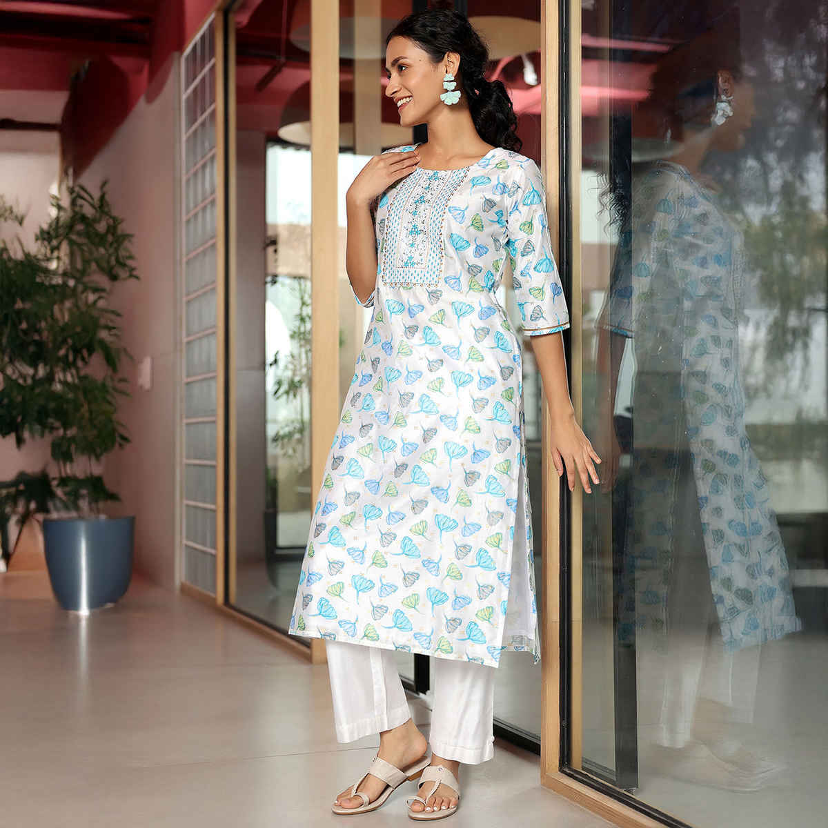 Libas Women's Printed Silk Blend Straight Kurta Set | White - M