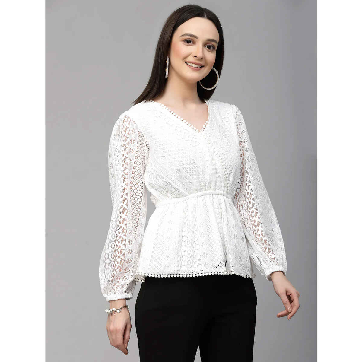 Style Quotient Women White Self Design Lace Regular Casual Peplum Top | L | SS23SQLACEY - White