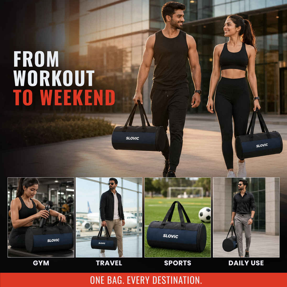 Slovic 20L Polyester Gym Bag with Separate Shoe Compartment & Adjustable Straps| Black, Blue