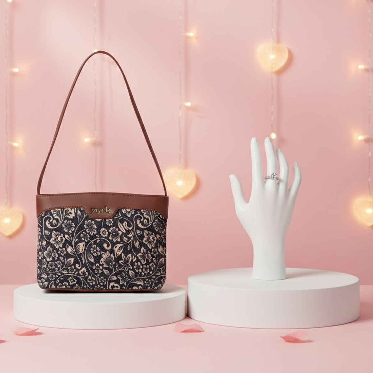 Zouk Women'S Floral Vegan Leather And Handcrafted Fabric 3.69 L Sling Bag  - One Size (1pc) & Giva Silver Zircon Layered Ring (1pc) Combo