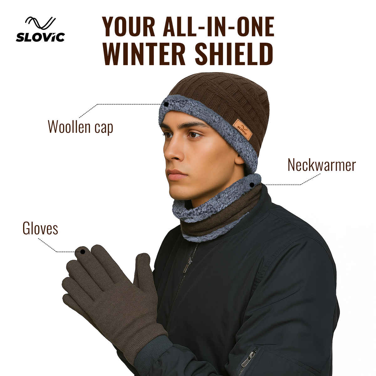 Slovic Stylish Acrylic Wool Winter Cap with Neck & Hand Gloves Set | Brown