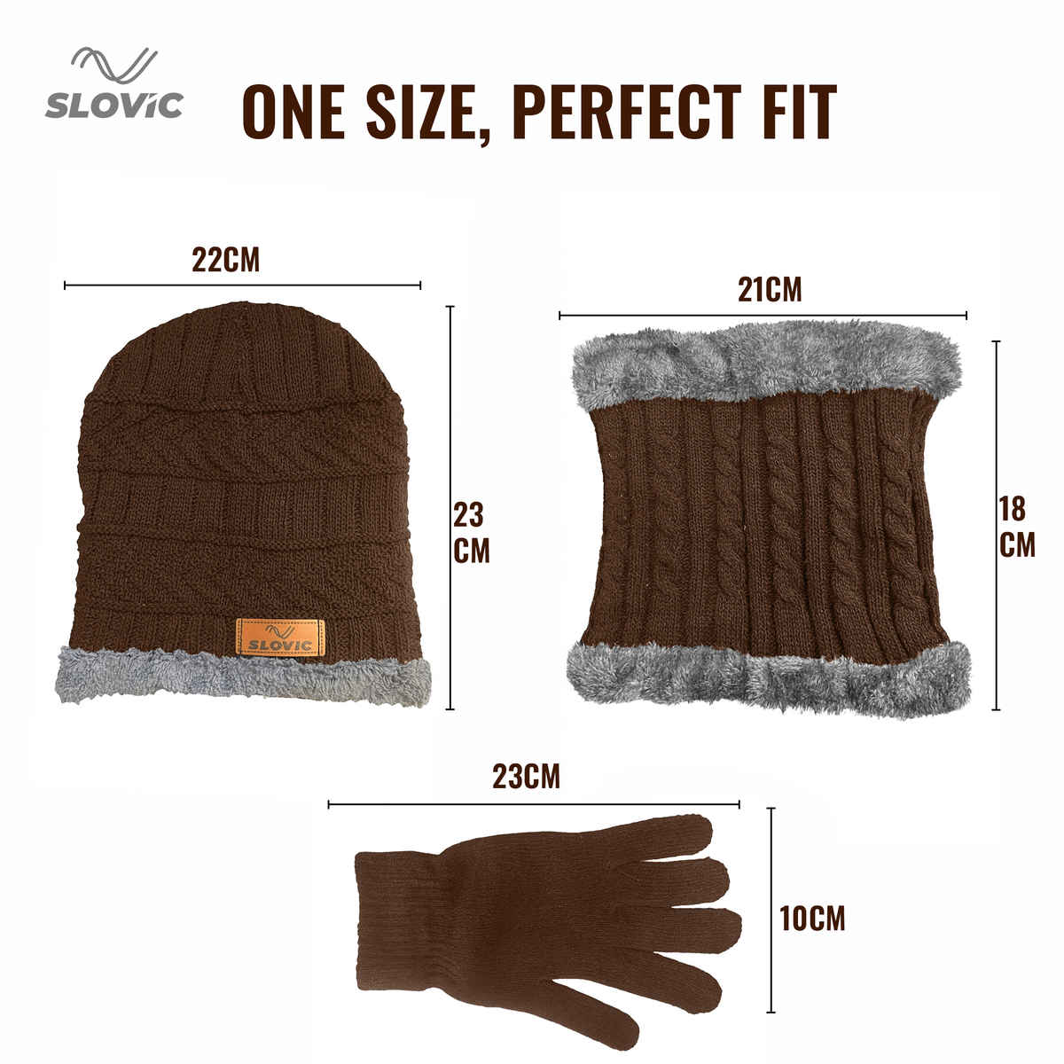 Slovic Stylish Acrylic Wool Winter Cap with Neck & Hand Gloves Set | Brown