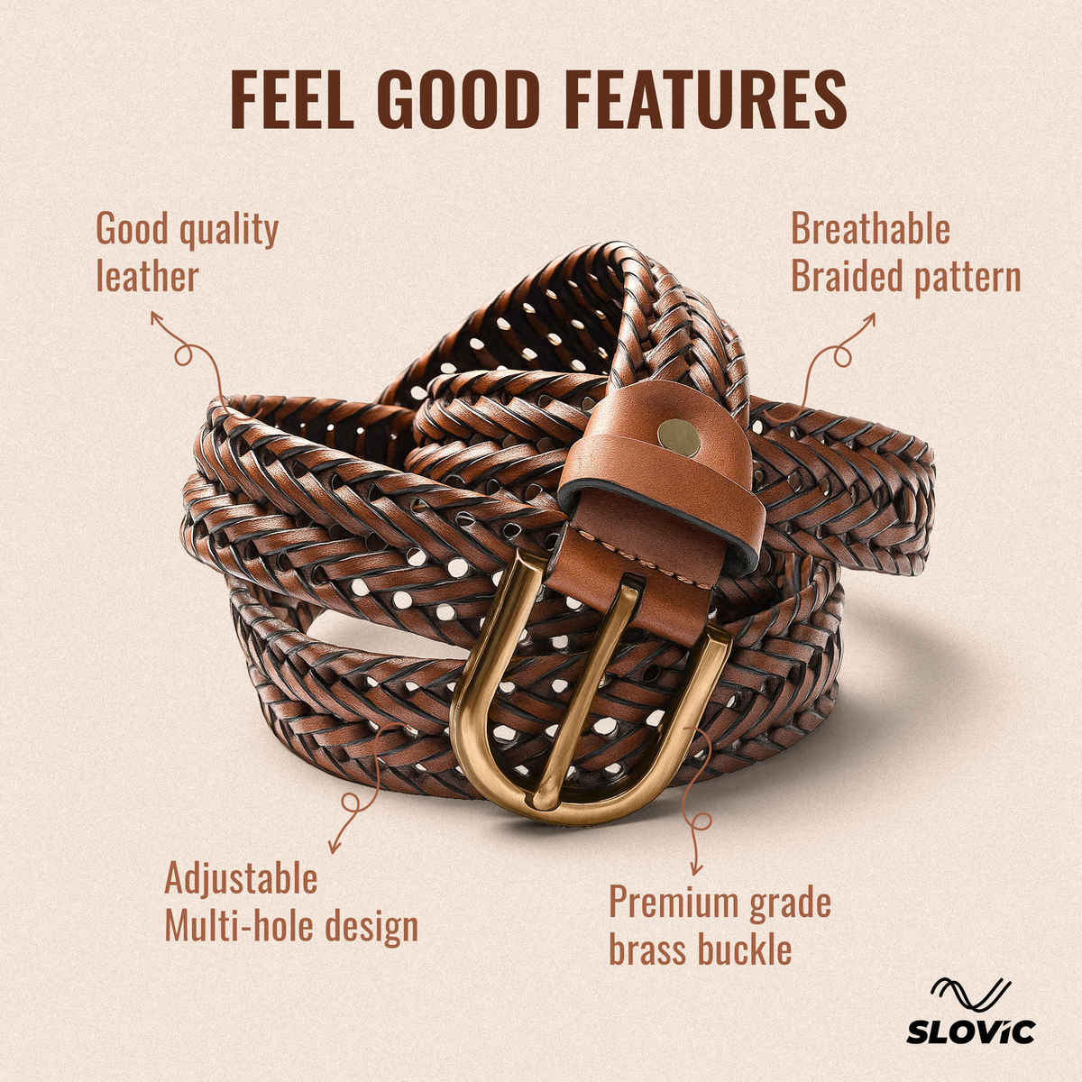 Slovic Braided Leather Adjustable Belts for Men with Premium Woven Design Multi Holes Tan