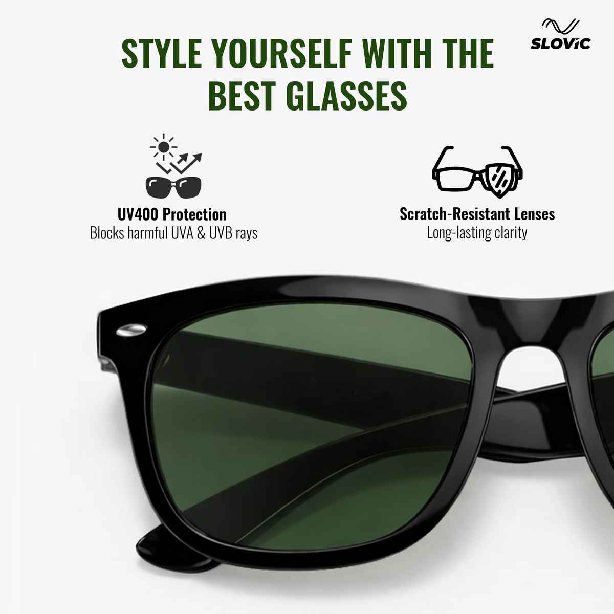 Slovic Green Wayfarer Style Sunglasses with UV Protected Lenses for Men Women Lightweight