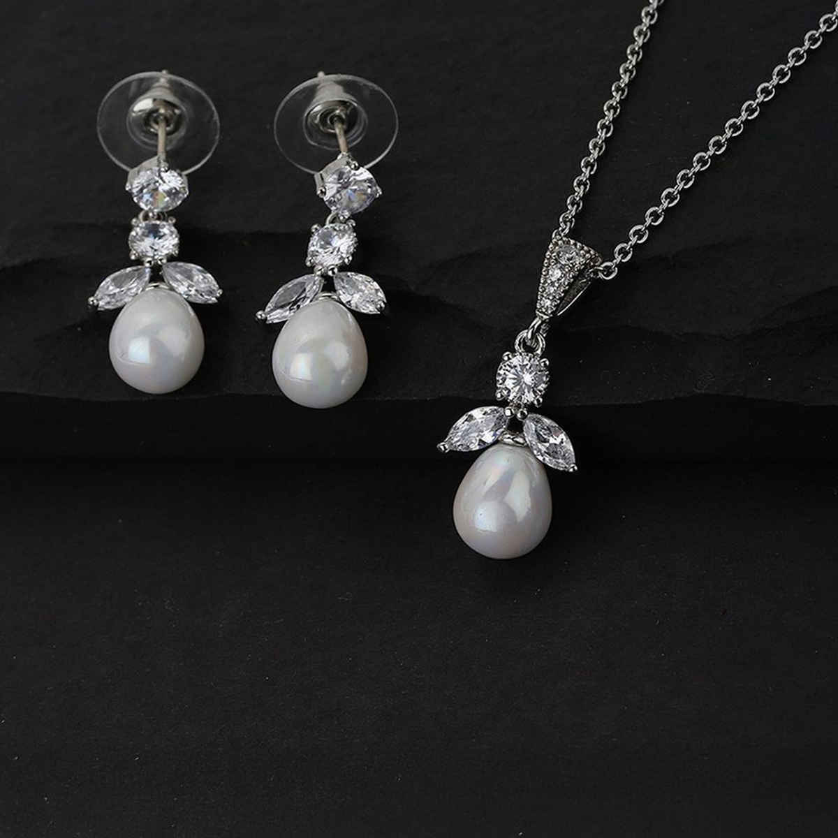 Carlton London Rhodium Plated with CZ and Pearl Necklace and Earring Set | FJS3330