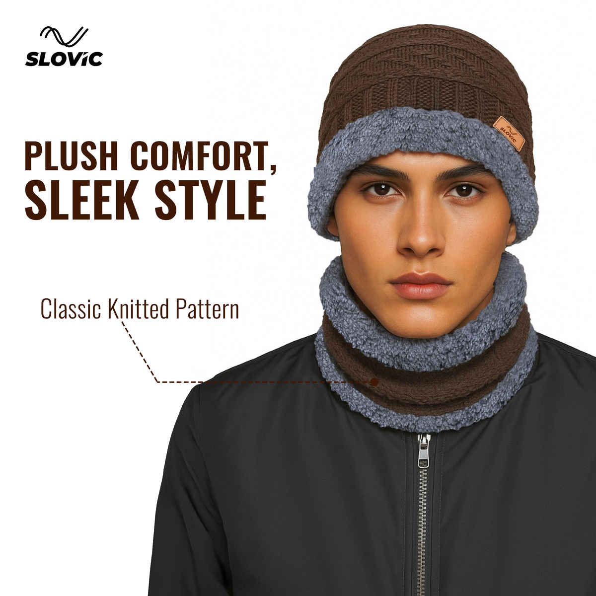 Slovic Stylish Acrylic Wool Winter Cap with Neck & Hand Gloves Set | Brown