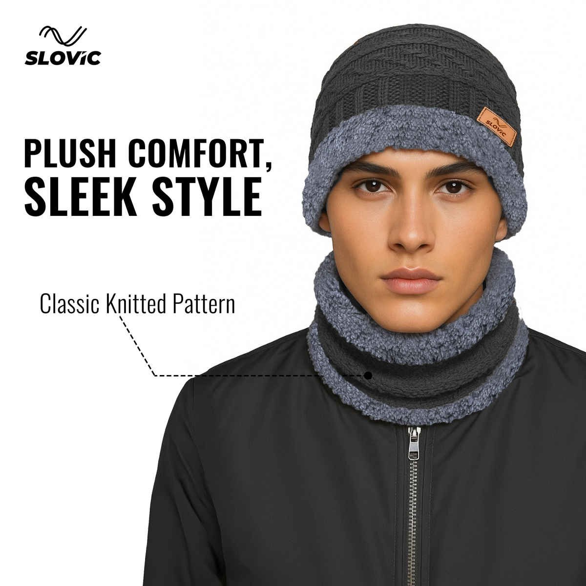 Slovic Stylish Acrylic Wool Winter Cap with Neck & Hand Gloves Set | Black