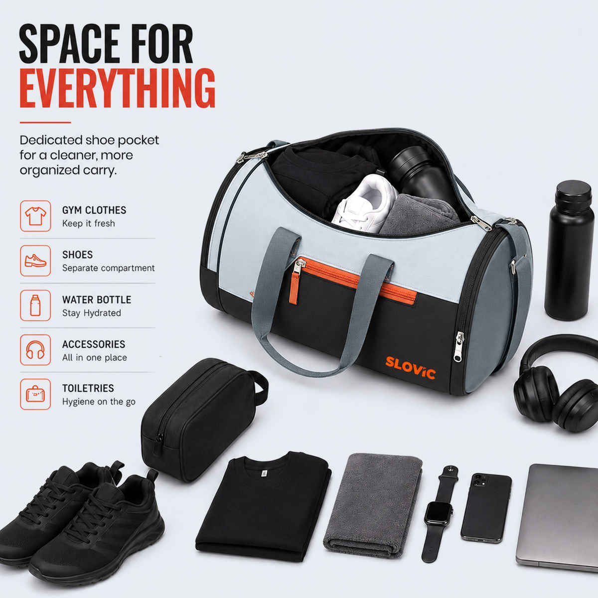 Slovic 25L Polyester Gym Bag with 4 Compartments & Separate Shoe Compartment | Orange, Grey