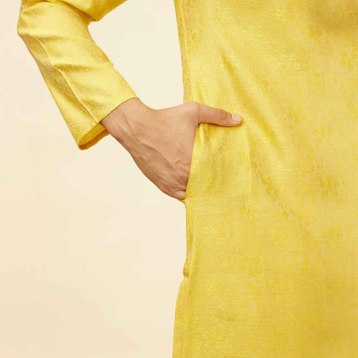 Manyavar Yellow Blended Viscose Self Design Kurta Set | XL