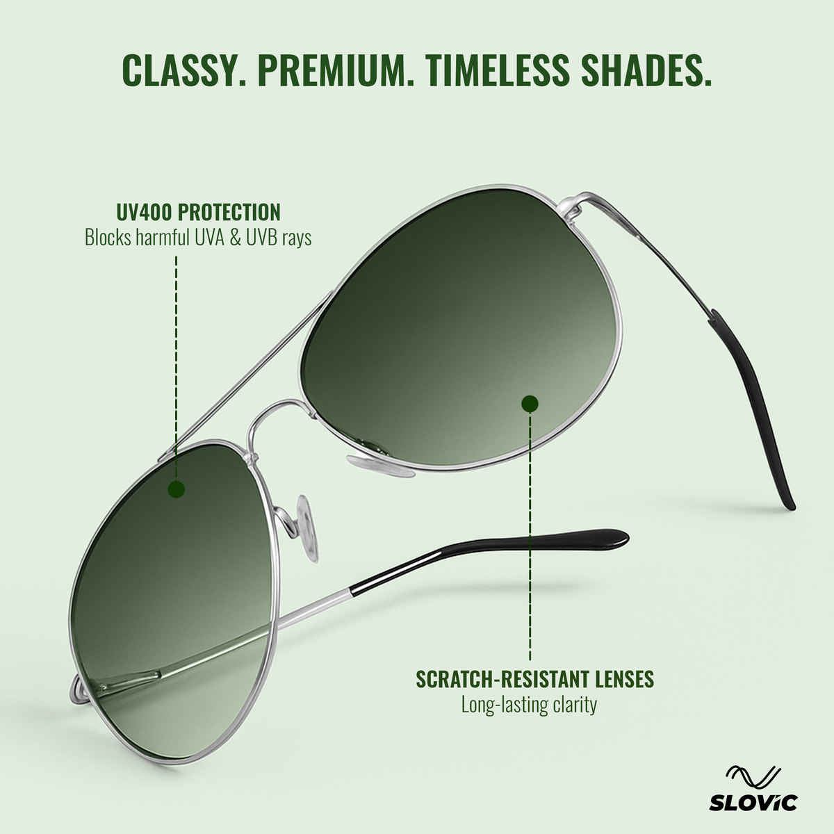Slovic Unisex Aviators Sunglasses with UV400 Protection Lenses | Green and Silver