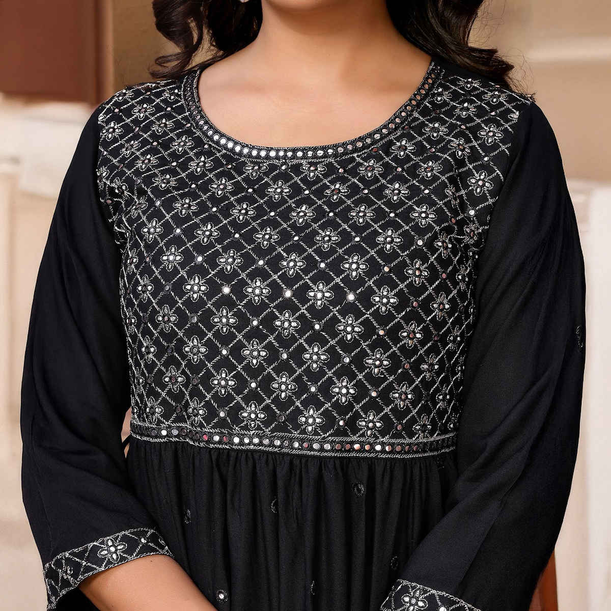 Rangita Women's Black Rayon Embroidered Ankle Length Tiered Flared Kurta | L