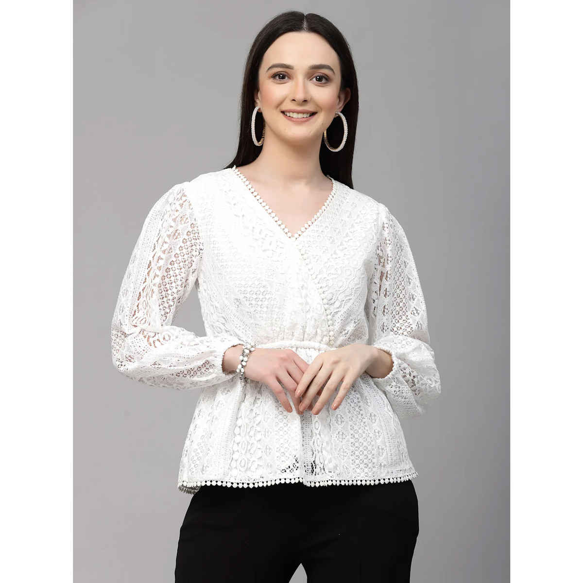 Style Quotient Women White Self Design Lace Regular Casual Peplum Top | L | SS23SQLACEY - White