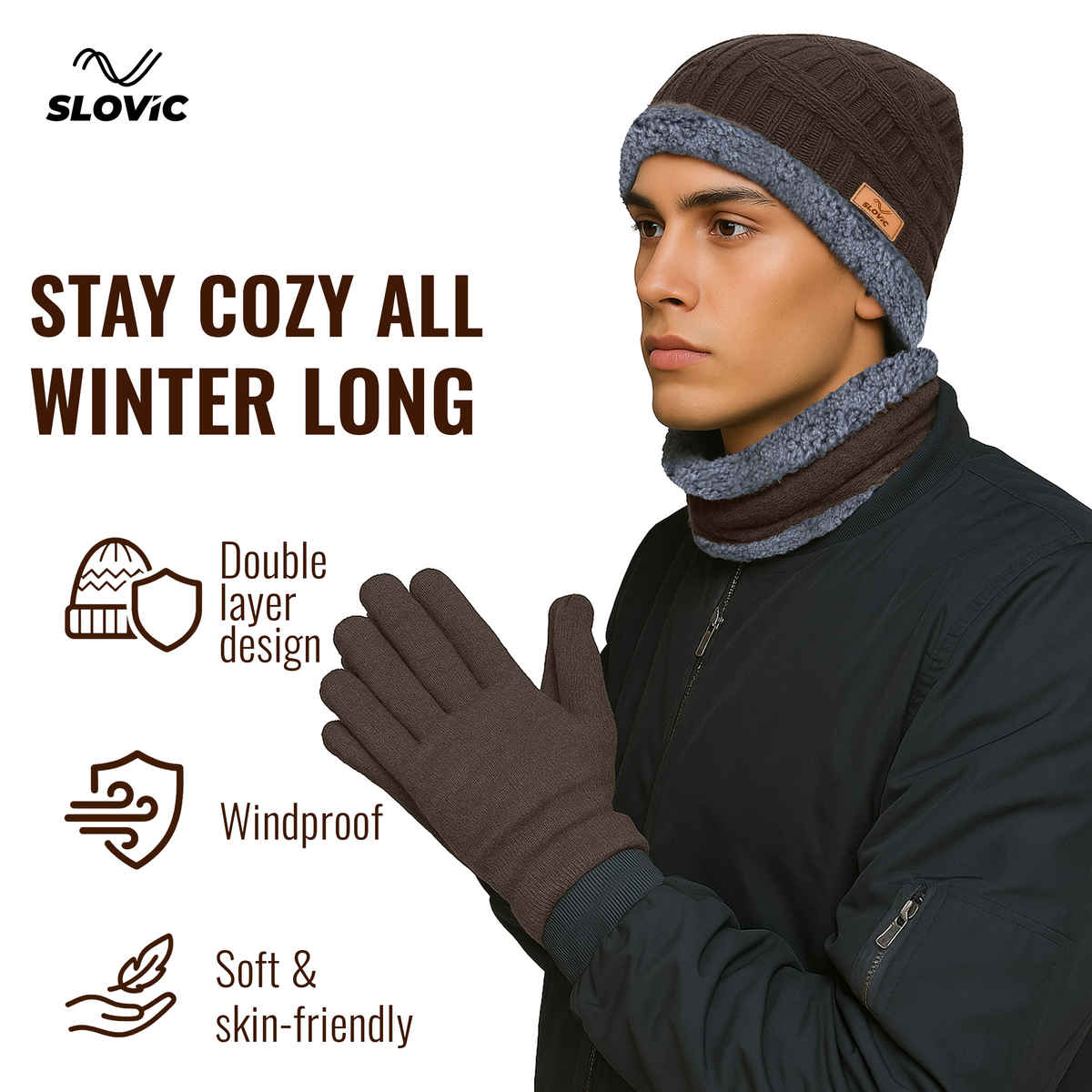 Slovic Stylish Acrylic Wool Winter Cap with Neck & Hand Gloves Set | Brown