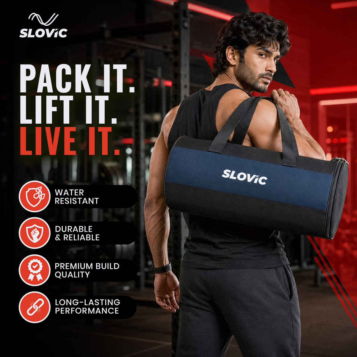 Slovic 20L Polyester Gym Bag with Separate Shoe Compartment & Adjustable Straps| Black, Blue