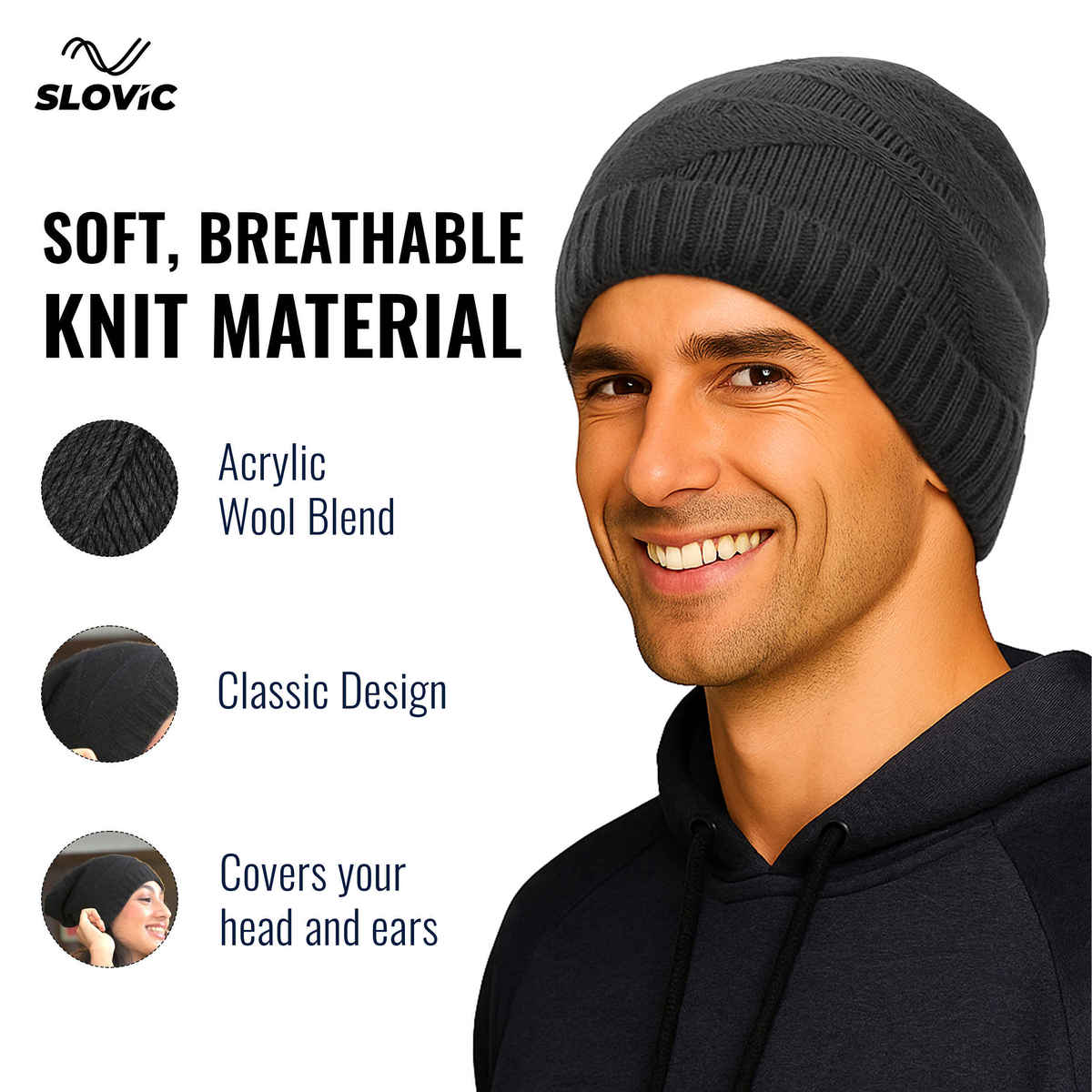 Slovic Acrylic Wool Beanie Winter Cap for Men & Women | Black