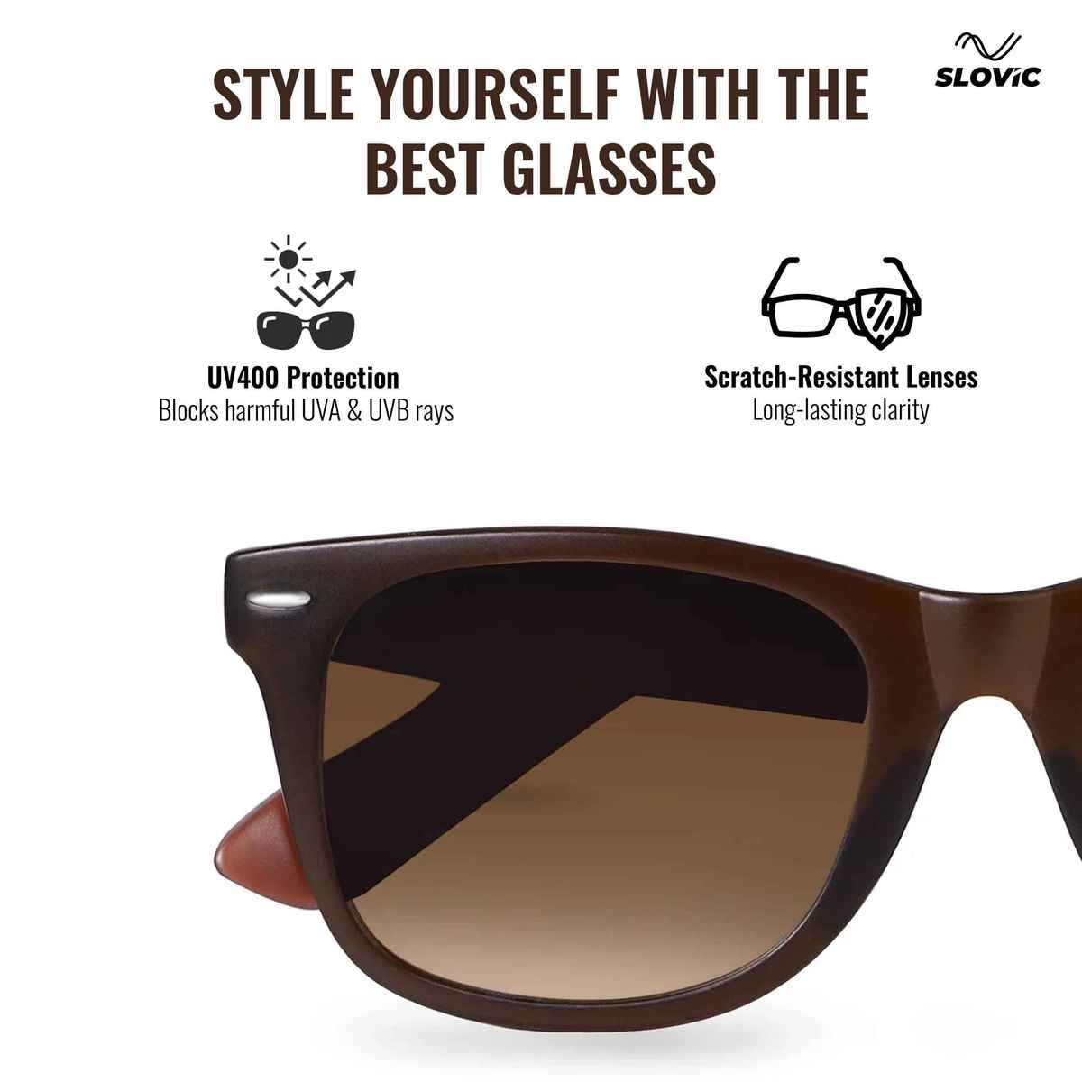 Slovic Brown Polycarbonate Wayfarer Sunglasses with UV-Protected Lenses for Men & Women