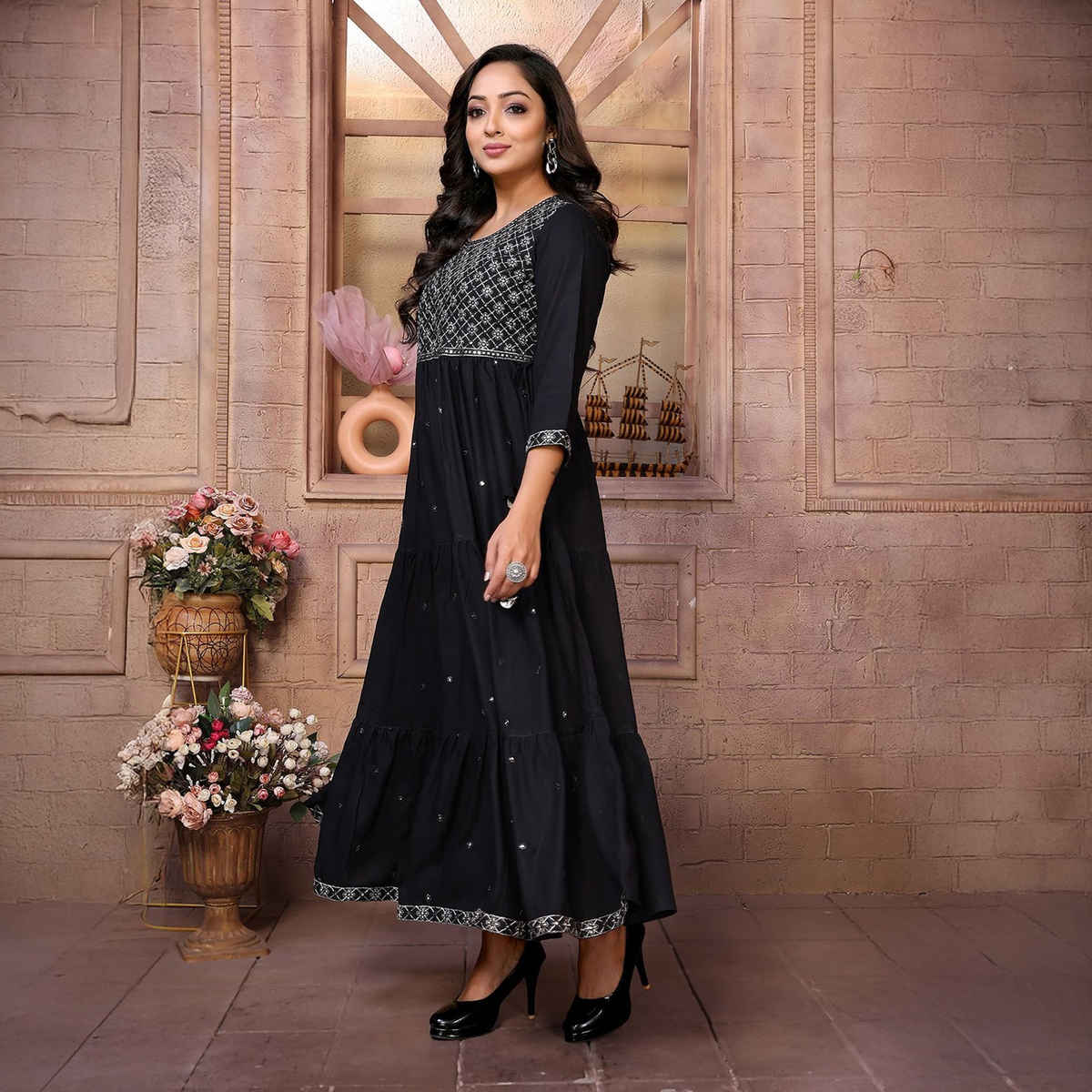 Rangita Women's Black Rayon Embroidered Ankle Length Tiered Flared Kurta | L