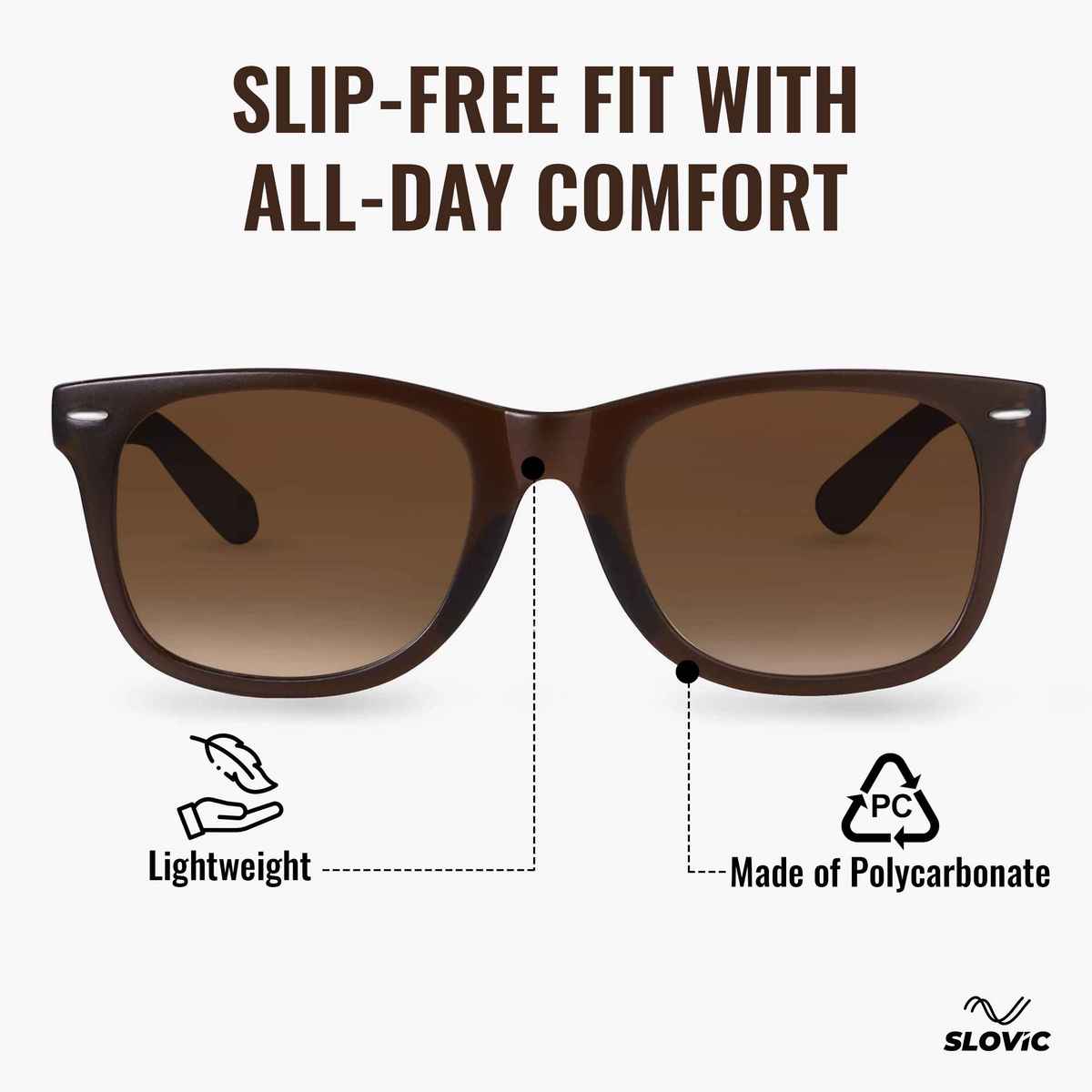Slovic Brown Polycarbonate Wayfarer Sunglasses with UV-Protected Lenses for Men & Women