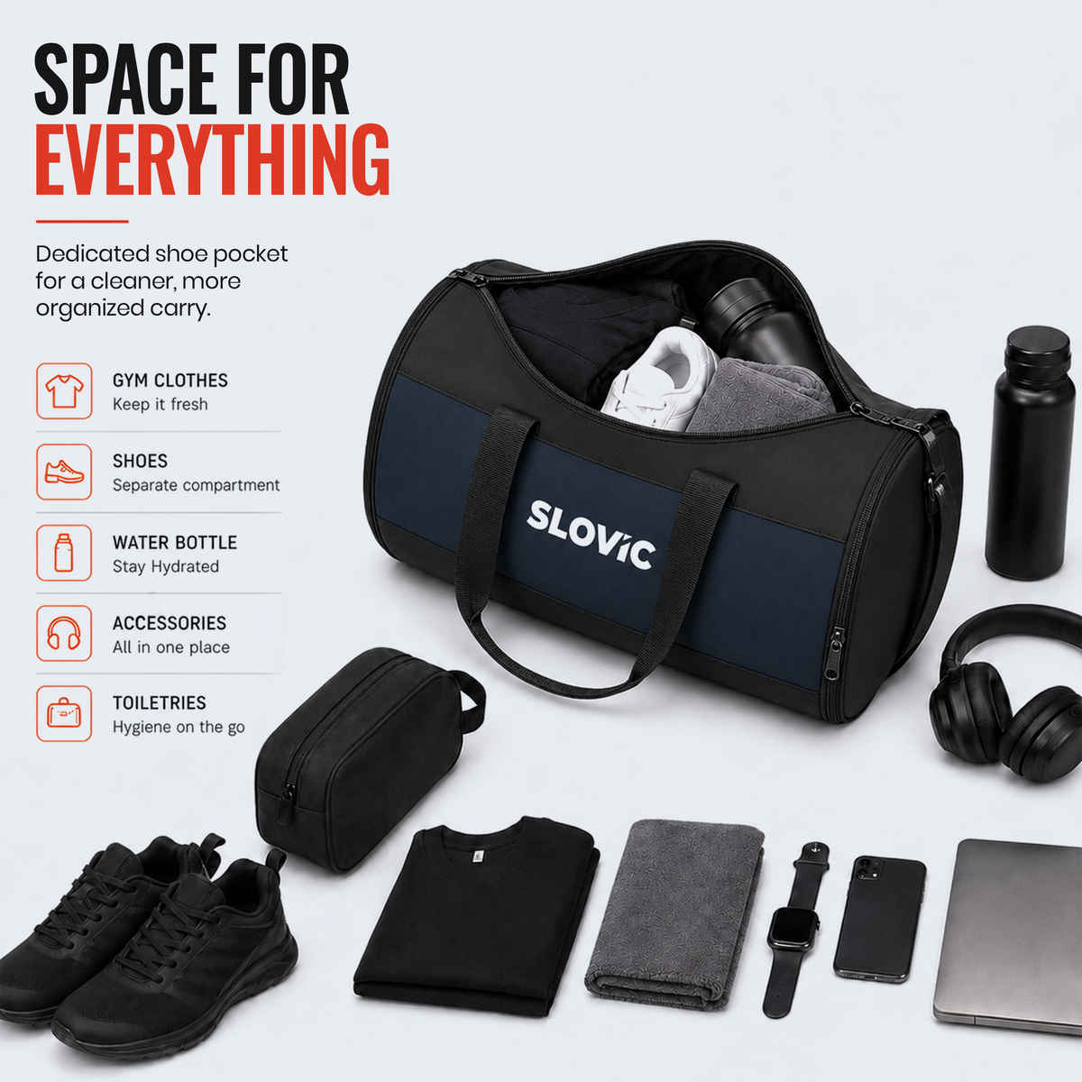 Slovic 20L Polyester Gym Bag with Separate Shoe Compartment & Adjustable Straps| Black, Blue