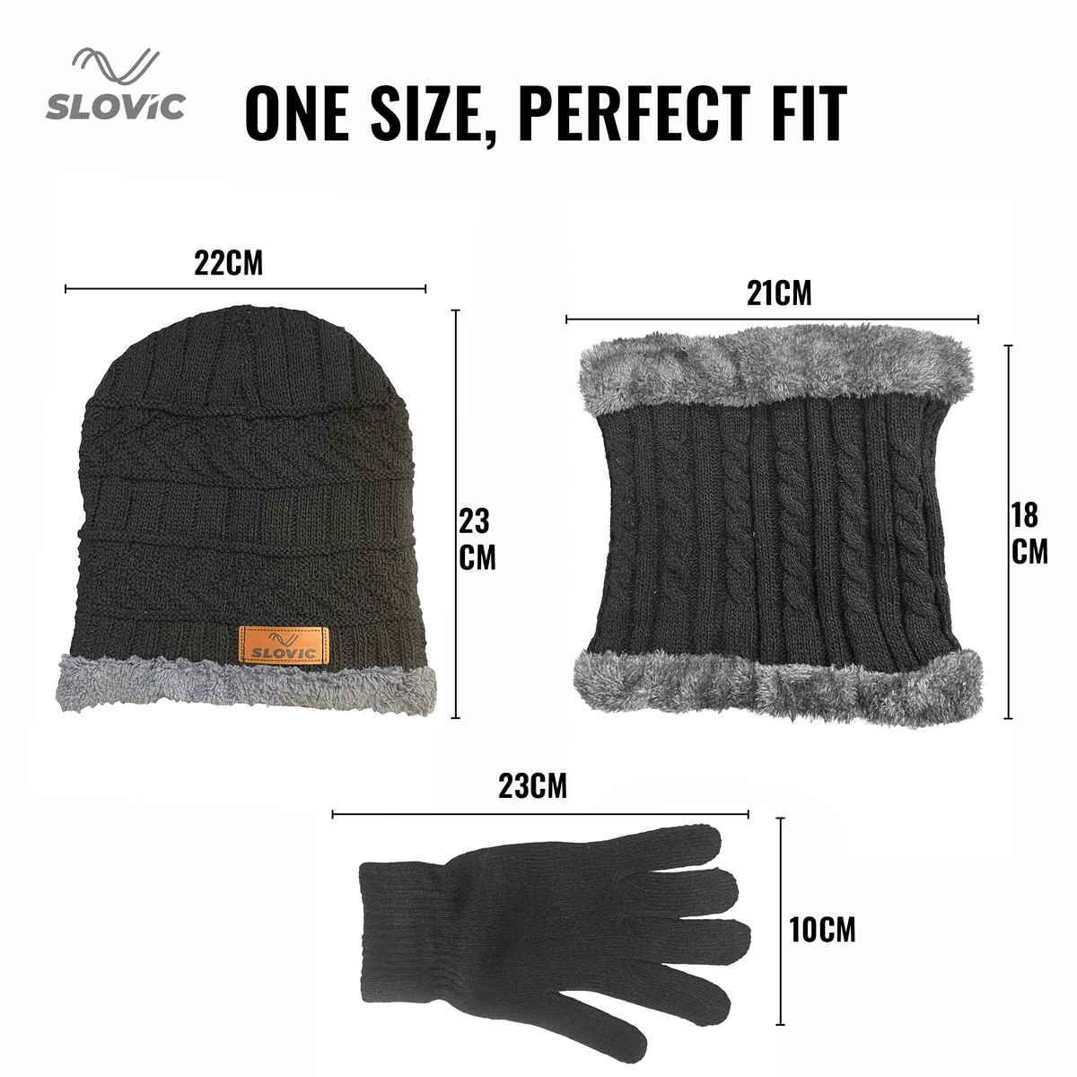 Slovic Stylish Acrylic Wool Winter Cap with Neck & Hand Gloves Set | Black