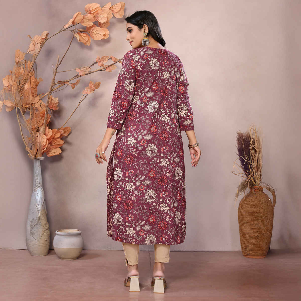 Rangita Women s Maroon Cotton Embroidered Calf Length A-Line Kurta | S