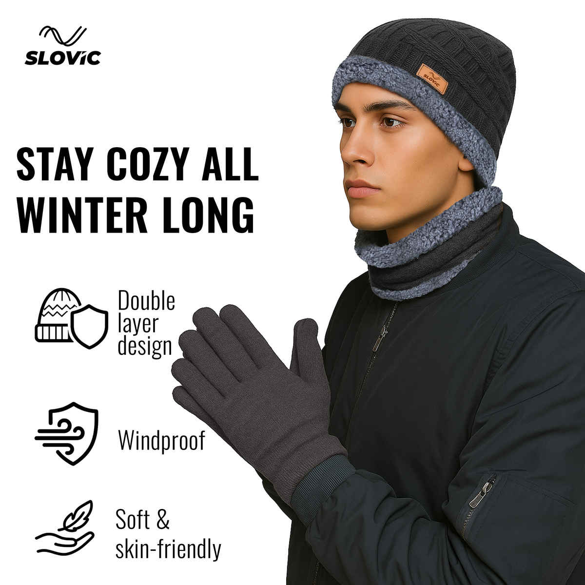 Slovic Stylish Acrylic Wool Winter Cap with Neck & Hand Gloves Set | Black