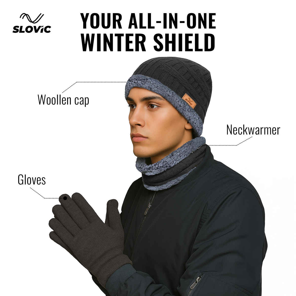 Slovic Stylish Acrylic Wool Winter Cap with Neck & Hand Gloves Set | Black
