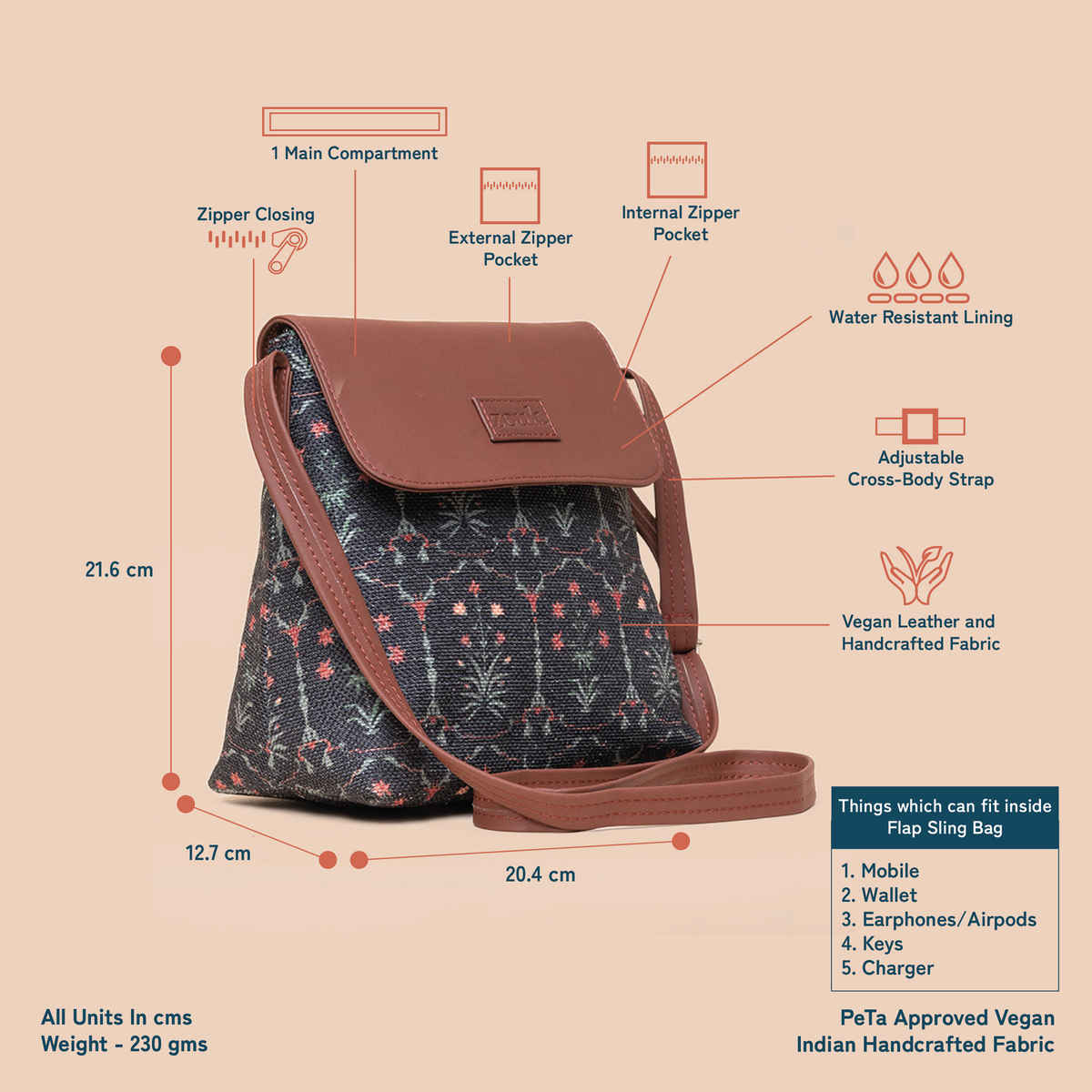 Zouk Women's Motifs Vegan Leather and Handcrafted Fabric 5.6 L Sling Bag | Multicolour - Free Size