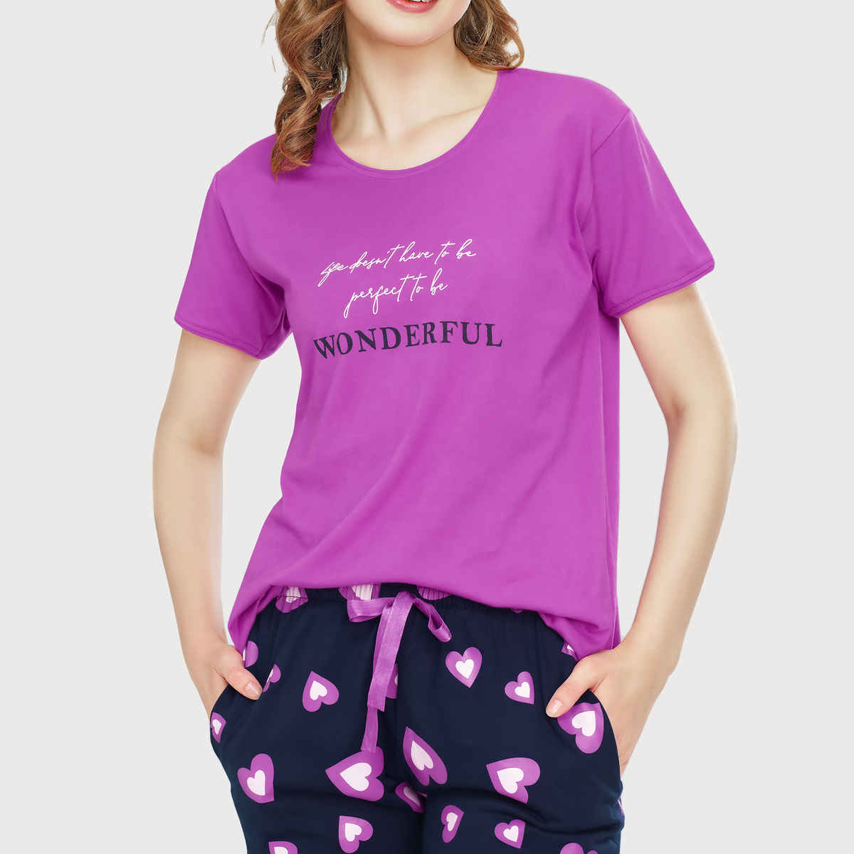 Zeyo Night Suit for Women Pink Heart Printed Cotton Night Dress of Top & Capri Set 5745-PK- M