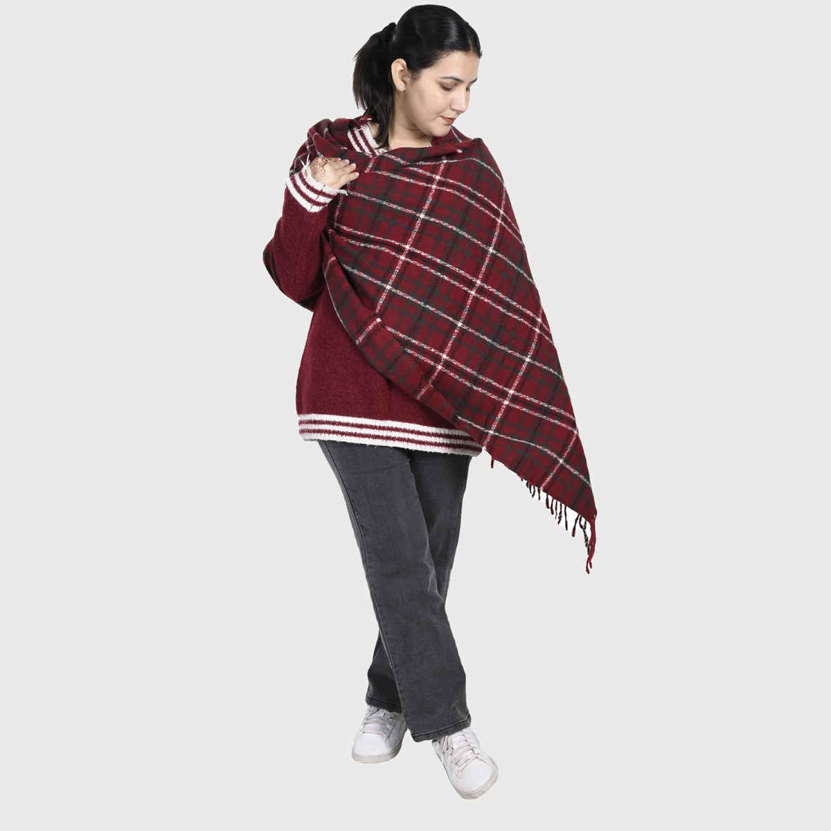 Calvadoss Women's Checked Stole With Fringed Border | STL1534 | Maroon