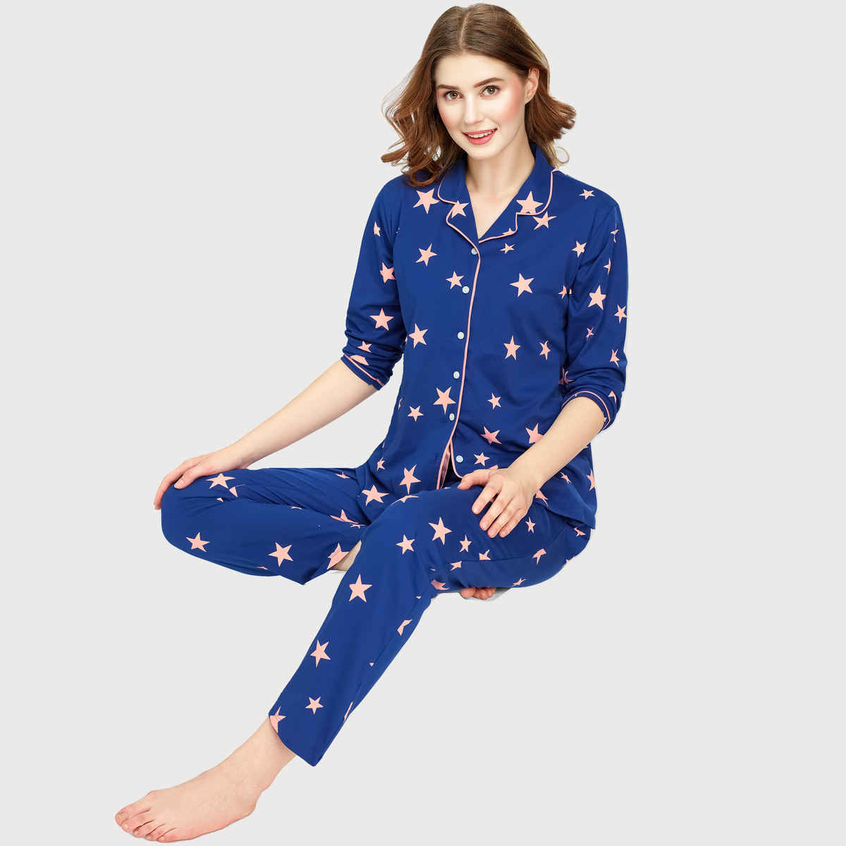 Zeyo Night Suit for Women Blue Star Printed Cotton Night Dress | Shirt & Pajama Set 5762-BE- XXL