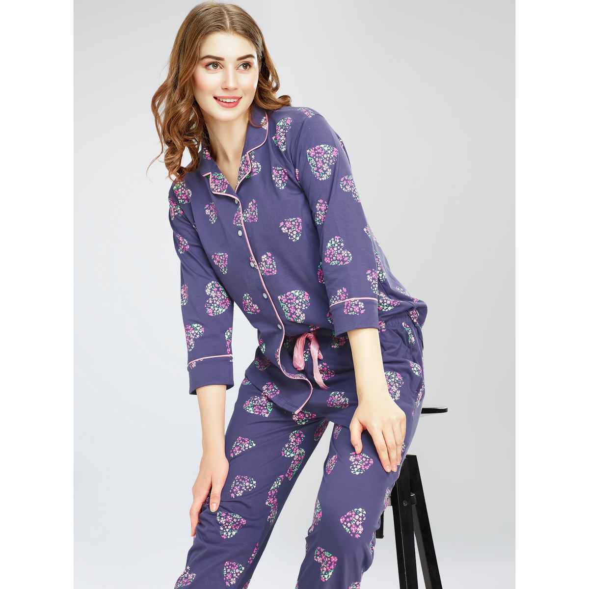 Zeyo Night Suit for Women Blue Heart Printed Cotton Night Dress | Shirt & Pajama Set 5758-BE- M