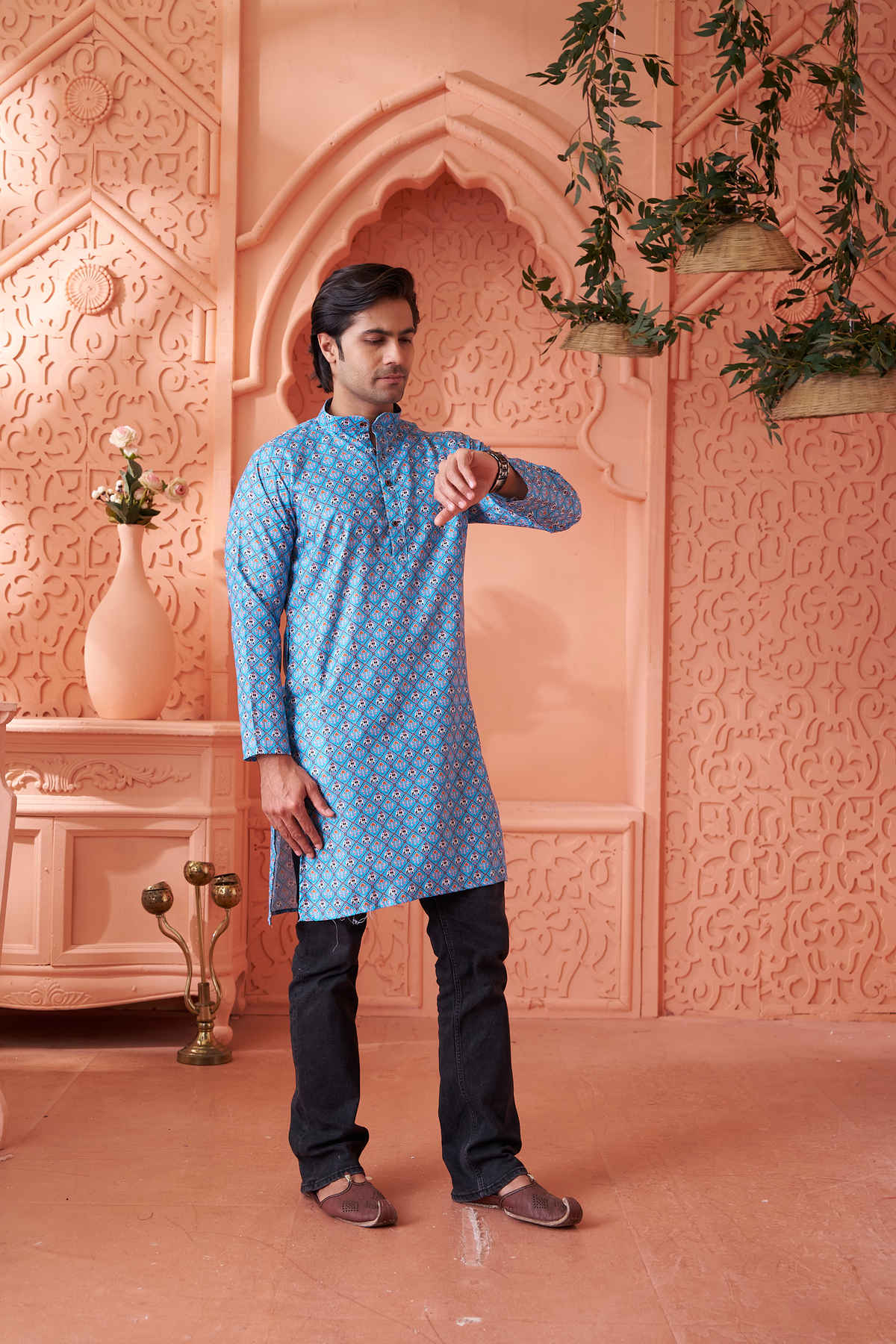House Of Festivals Men's Printed Cotton Blend Long Kurta | Blue -M