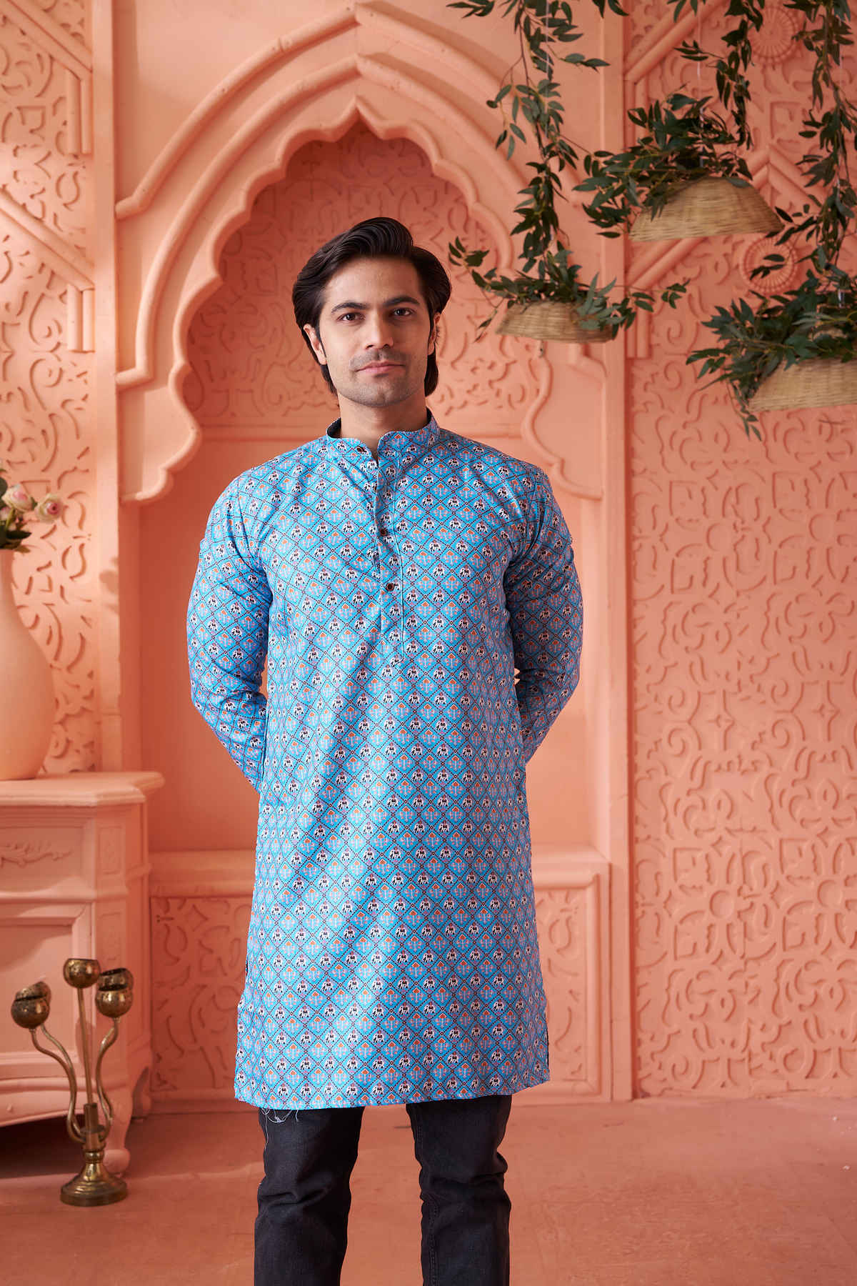 House Of Festivals Men's Printed Cotton Blend Long Kurta | Blue -M
