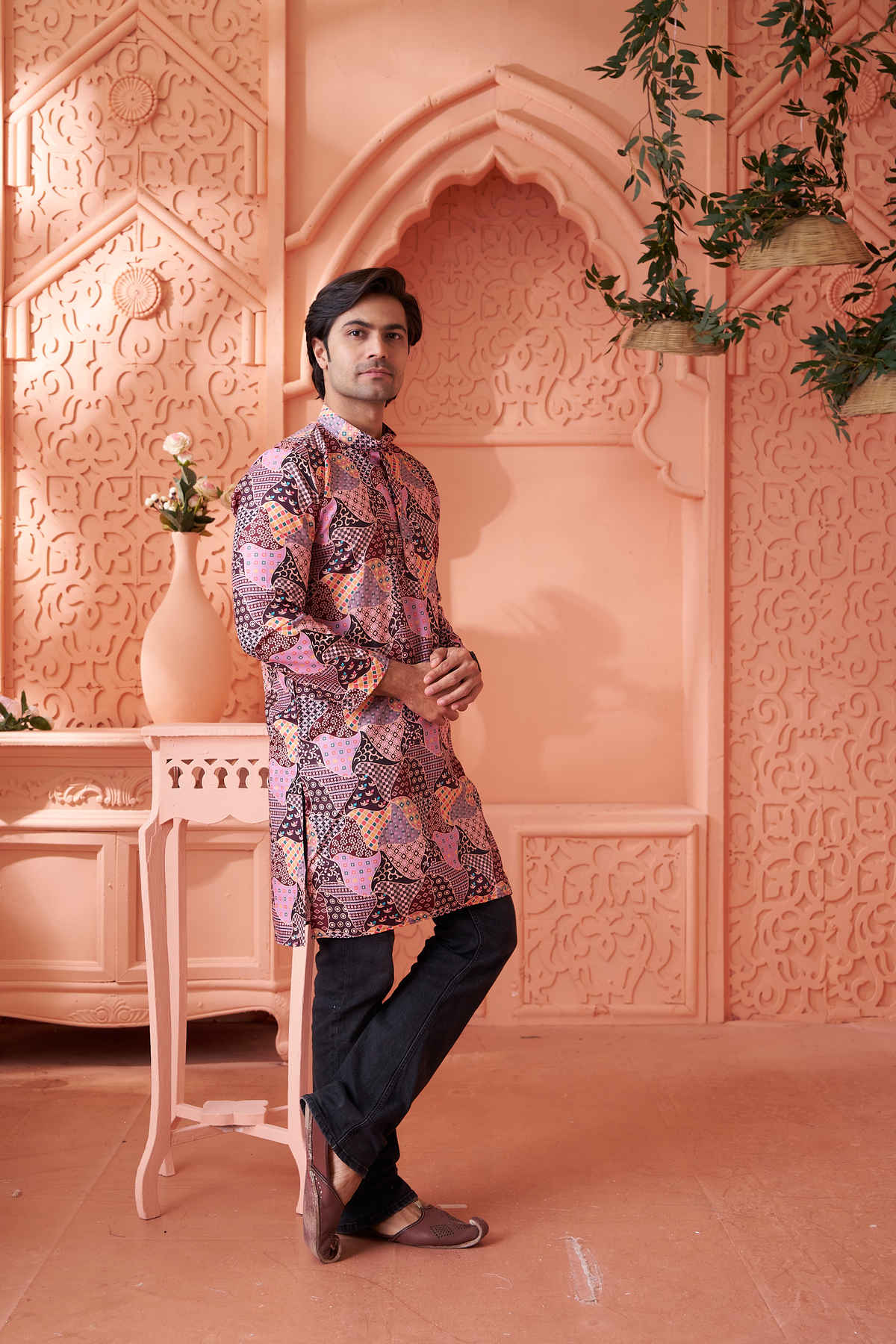 House Of Festivals Men's Printed Cotton Blend Long Kurta | Multicolor - L