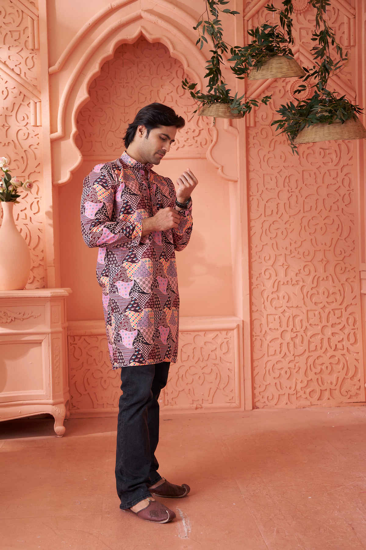 House Of Festivals Men's Printed Cotton Blend Long Kurta | Multicolor - S