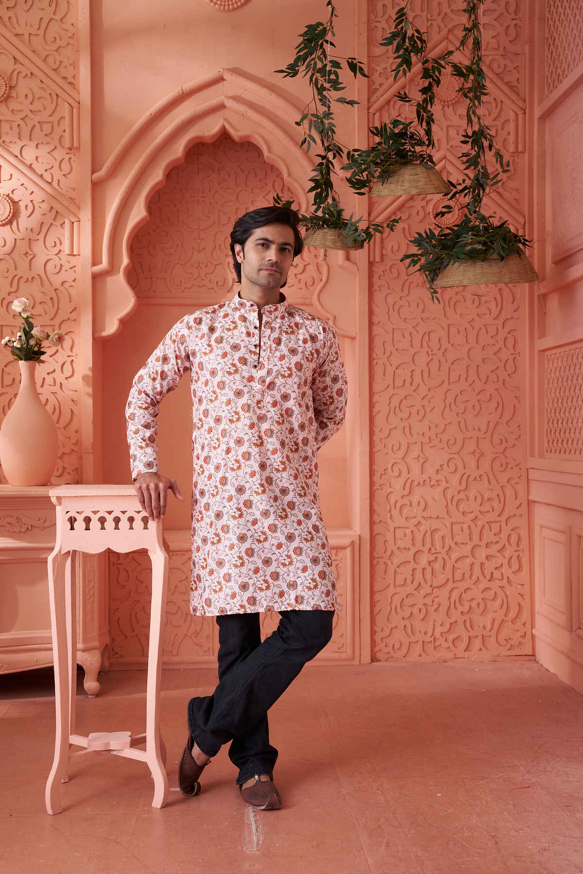 House Of Festivals Men's Printed Cotton Blend Long Kurta | Cream - XL