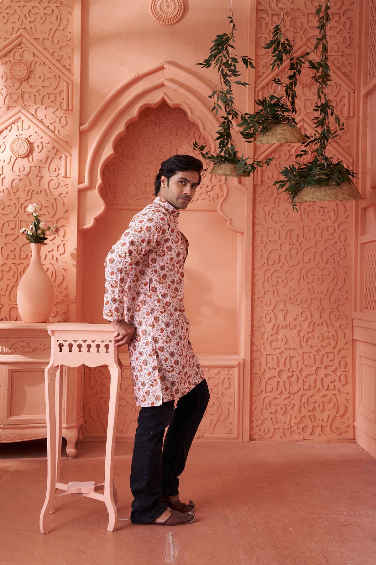 House Of Festivals Men's Printed Cotton Blend Long Kurta | Cream - XL