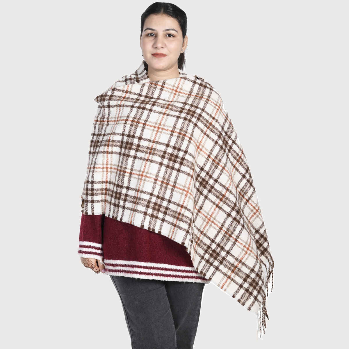 Calvadoss Checked Stole With Fringed Border | STL1516 | White and Brown