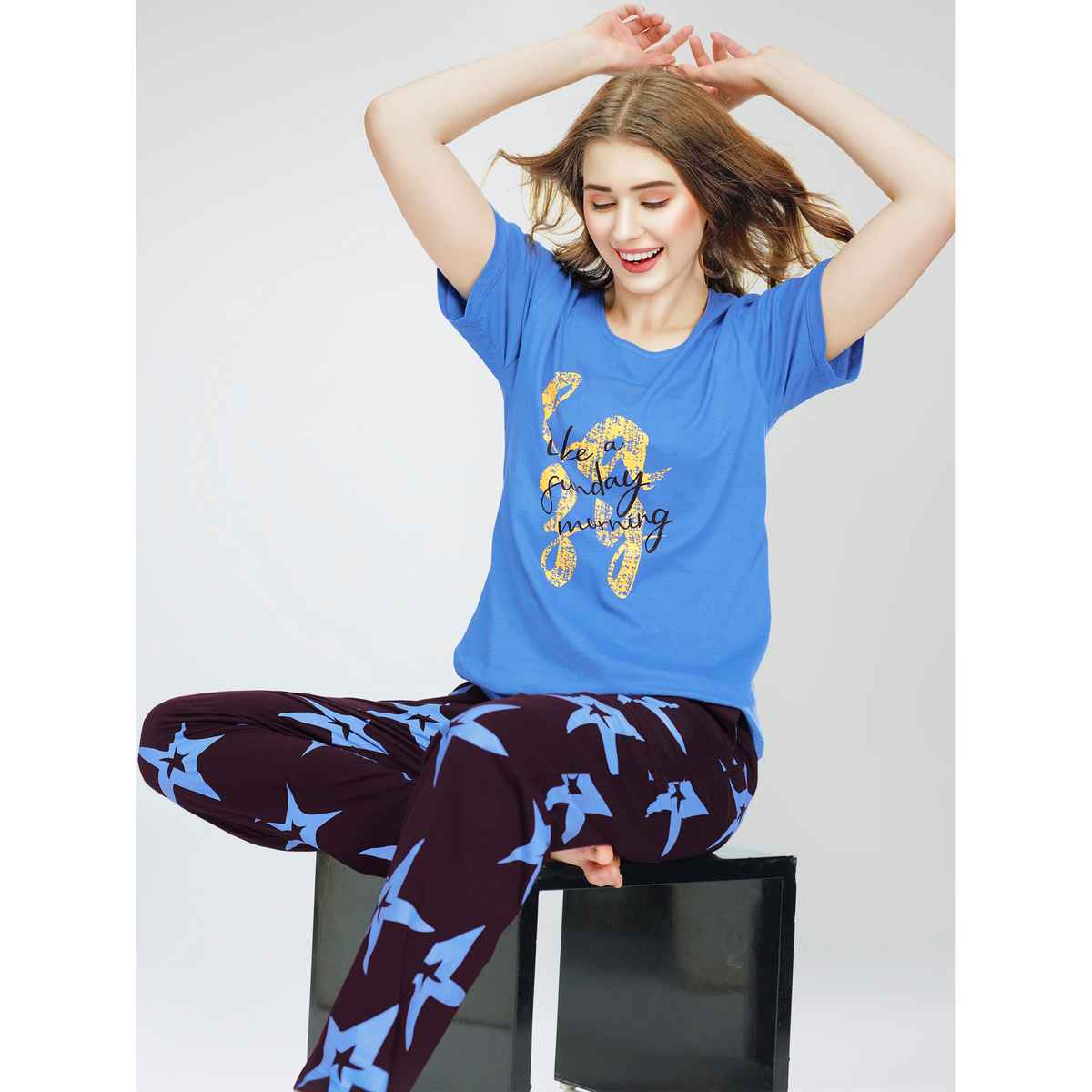 Zeyo Night Suit for Women Blue Star Printed Cotton Night Dress of Top & Pajama Set 5773-BE- L