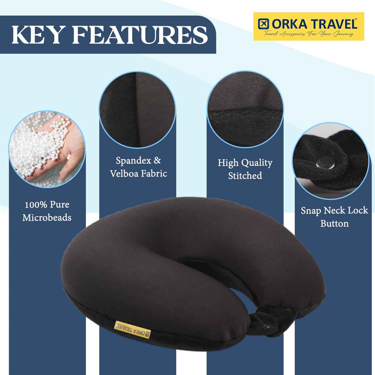 Orka Travel Solid Micro Beads U Neck Pillow - Black