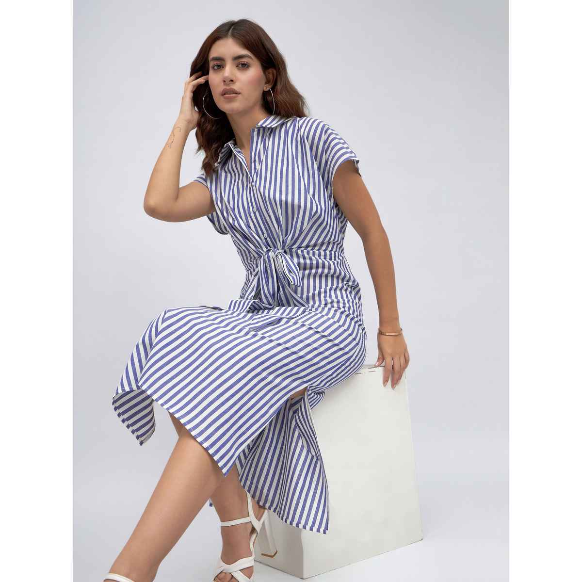 DL Women's Striped Tie-Up Cotton Shirt Style Midi Dress | DLWDRW23008 | Blue - M