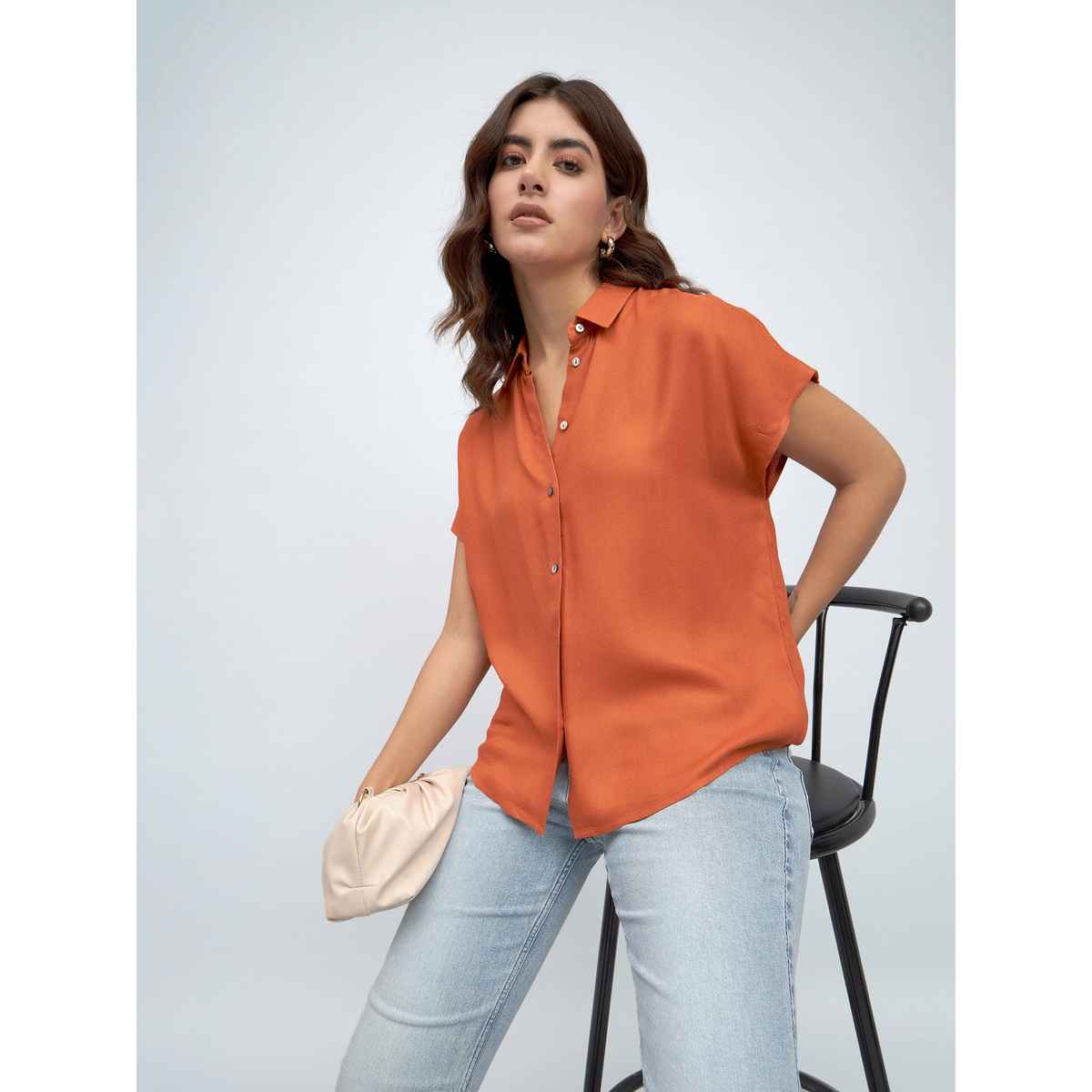 DL Women's Extended Sleeves Oversized Boxy Casual Shirt | DLWSHW23006 | Orange - S