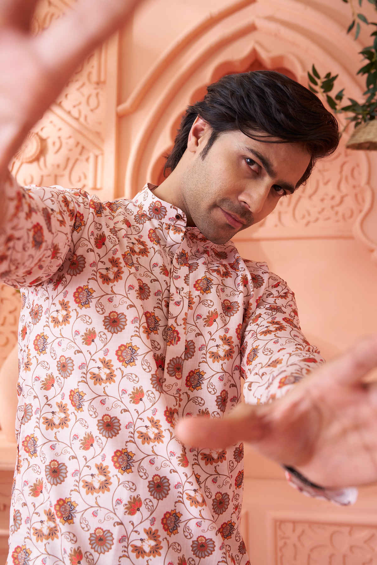 House Of Festivals Men's Printed Cotton Blend Long Kurta | Cream - S