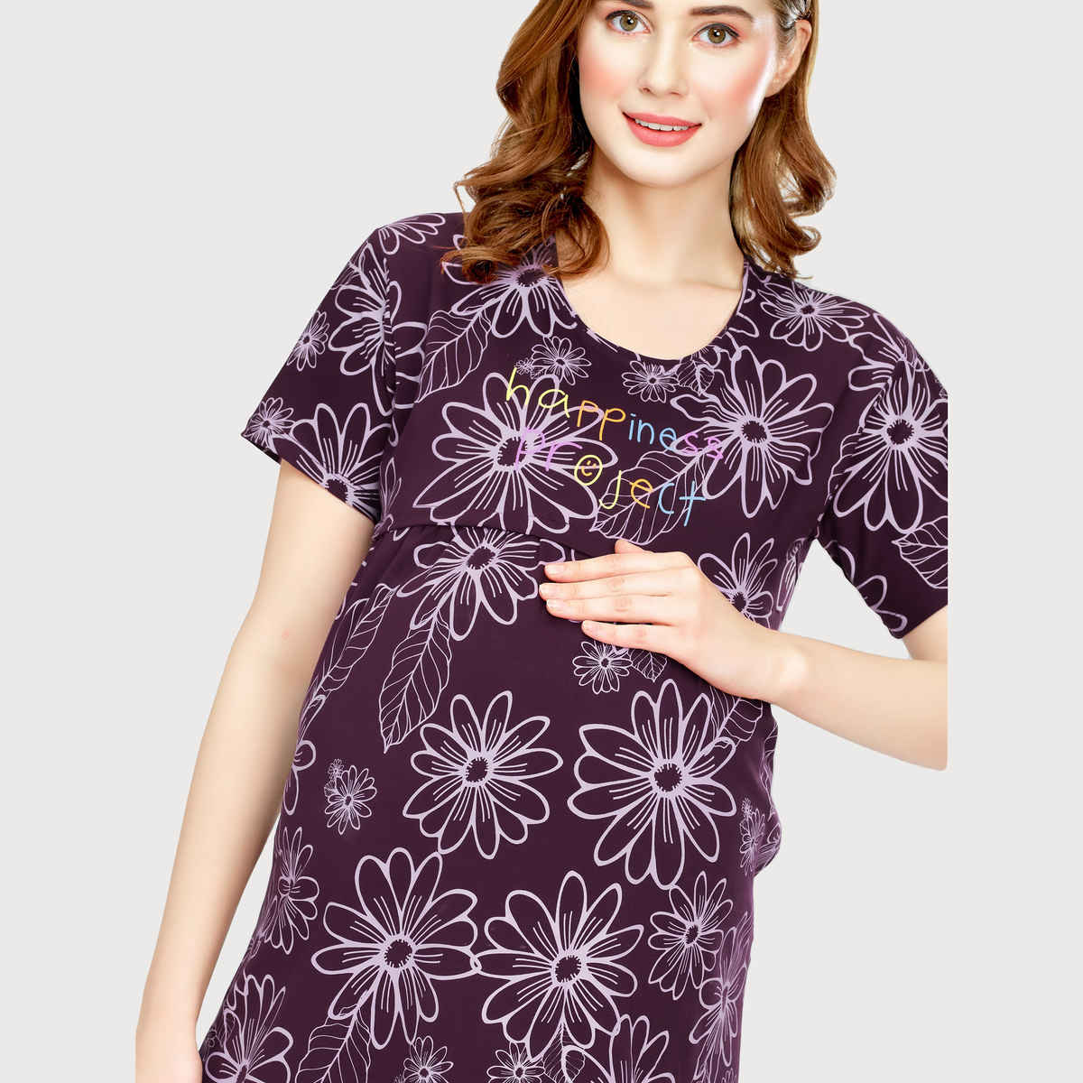 Zeyo Women Cotton Wine Night Dress Floral Printed Maternity Short Nighty Night Gown 5807-WN- XXL