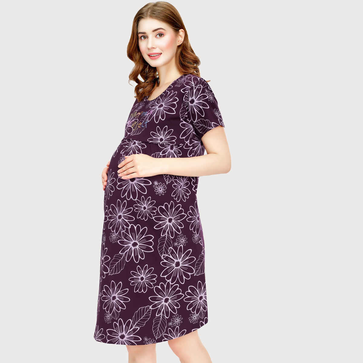 Zeyo Women Cotton Wine Night Dress Floral Printed Maternity Short Nighty Night Gown 5807-WN- XXL