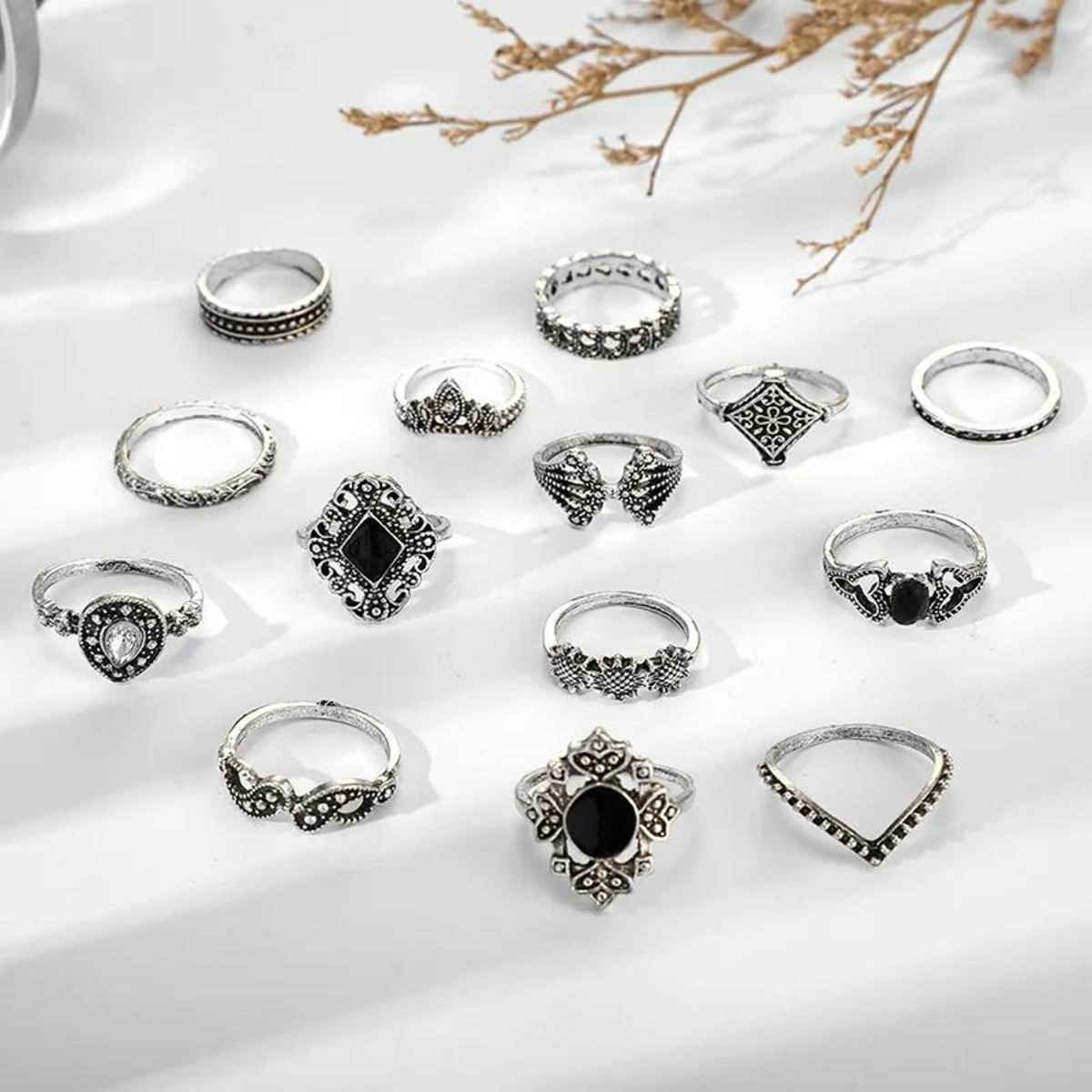 Jewels Galaxy Oxidised Silver Plated 15 Pcs Stackable Ring Set