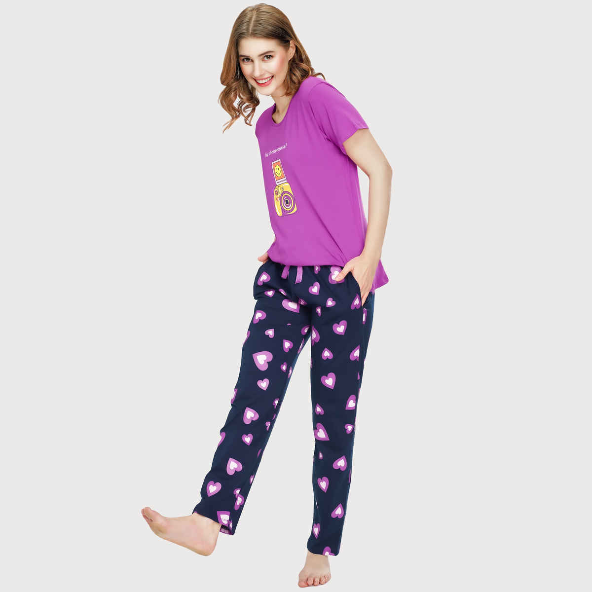 Zeyo Night Suit for Women Pink Heart Printed Cotton Night Dress of Top & Pajama Set 5771-PK- XL