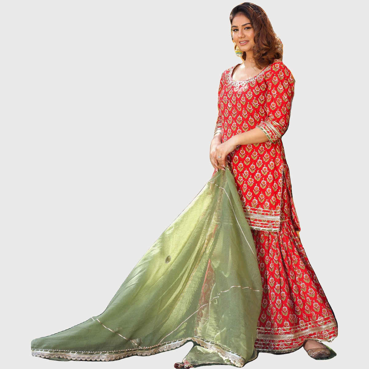 Divena Women s Red Cotton Dabu Printed Kurta Sharara Set with Kota Doria Dupatta | DK0708 | L