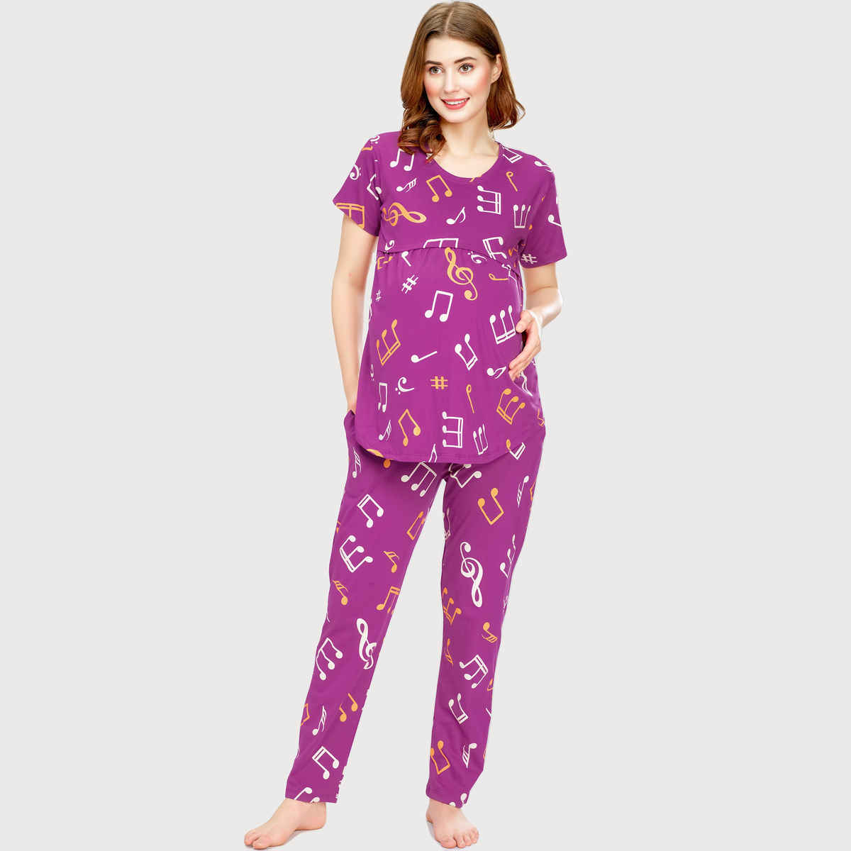 Zeyo Women Cotton Musical Notes Printed Purple Maternity Set | Top & Pyjama 5802-PP- XXL